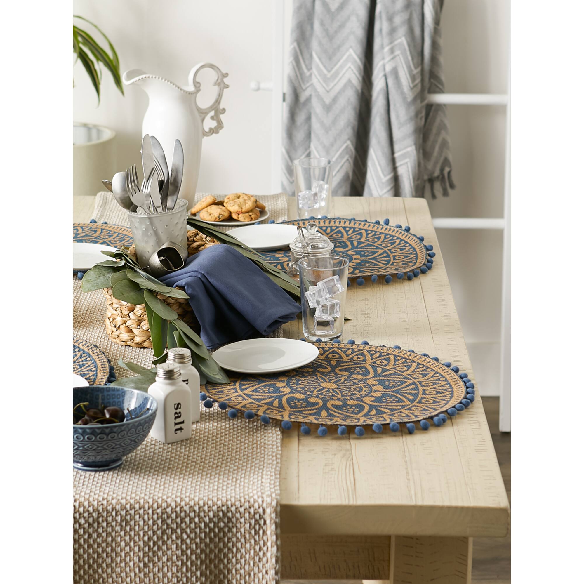 French Blue Block Print On Natural Round Jute Placemat (Set of 6)
